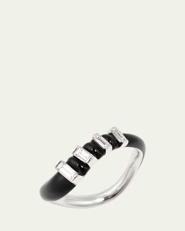 Oui Wave Band Ring in 18K White Gold with Black Enamel and White Diamonds
